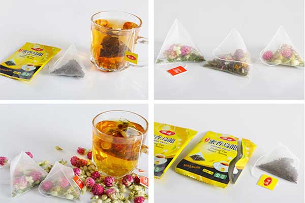 內(nèi)外袋茶葉包裝機(jī)可采用復(fù)合膜、過(guò)濾紙、無(wú)紡布等薄膜制袋